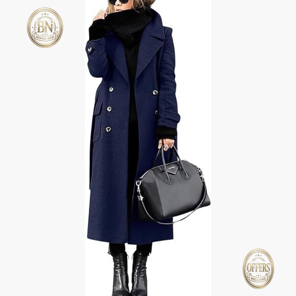 Long Pea Coat Double Breasted Wool Blend Overcoat Winter Casual
